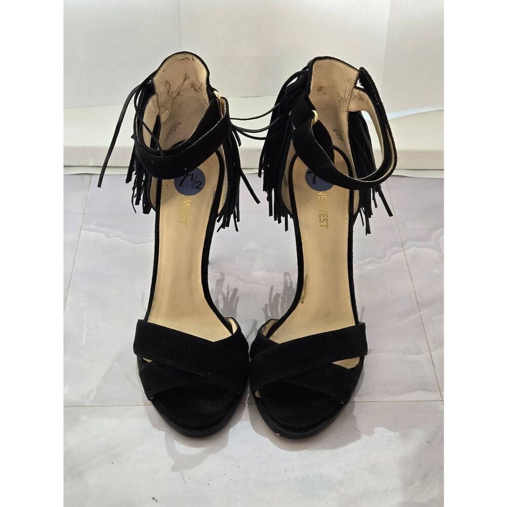 Nine West Hustle Womens Size 7.5M Black Fringe Ankle Strap Heel